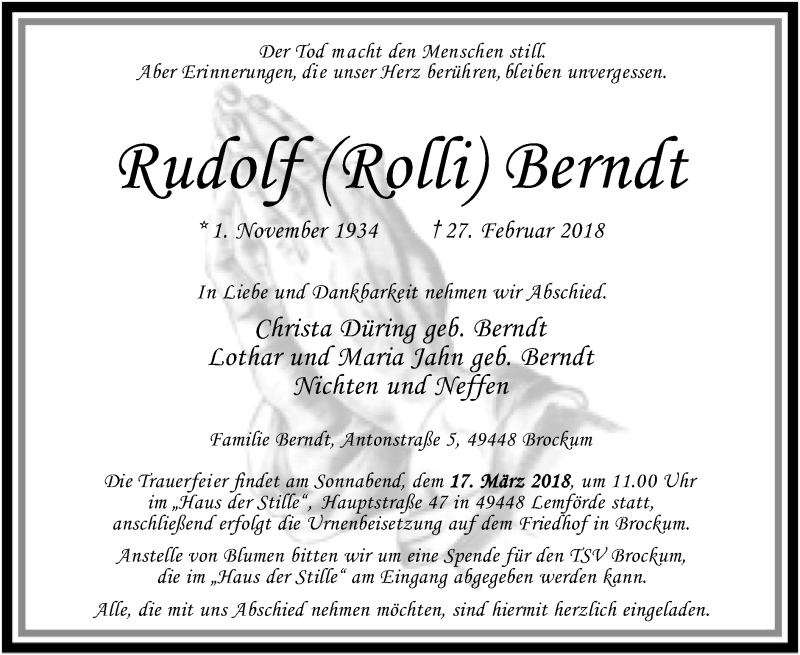  Traueranzeige für Rudolf  Berndt vom 03.03.2018 aus SYK