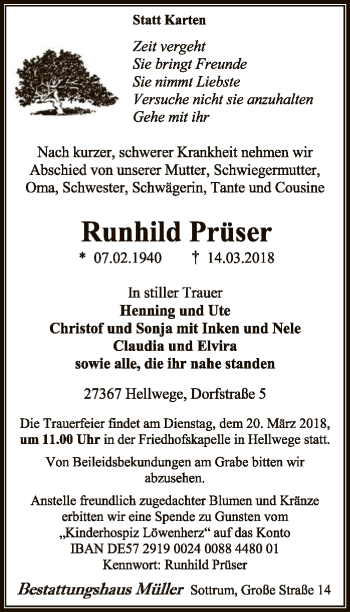 Traueranzeige von Runhild Prüser von SYK