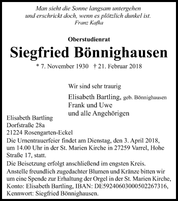 Traueranzeige von Siegfried Bönnighausen von SYK