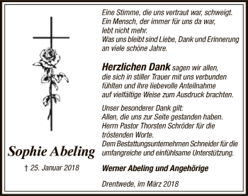 Traueranzeige von Sophie Abeling von SYK