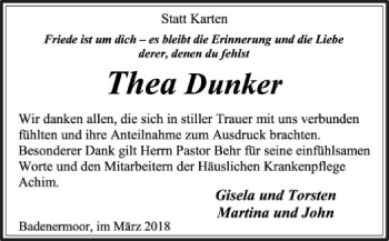 Traueranzeige von Thea Dunker von SYK