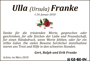 Traueranzeige von Ulla Franke von SYK