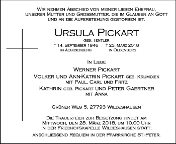 Traueranzeige von Ursula Pickart von SYK