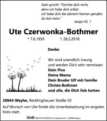 Traueranzeige von Ute Czerwonka-Bothmer von SYK