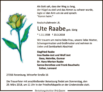 Traueranzeige von Ute Raabe von SYK