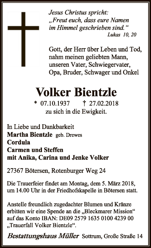  Traueranzeige für Volker Bientzle vom 01.03.2018 aus SYK