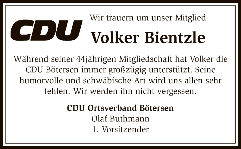  Traueranzeige für Volker Bientzle vom 01.03.2018 aus SYK