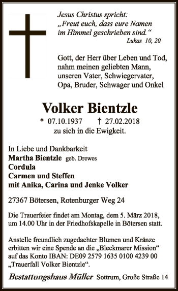 Traueranzeige von Volker Bientzle von SYK