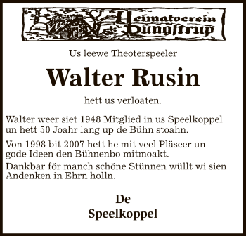 Traueranzeige von Walter Rusin von SYK
