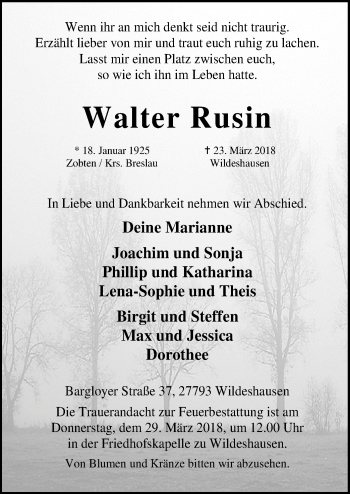 Traueranzeige von Walter Rusin von SYK