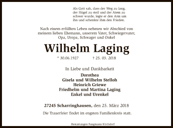 Traueranzeige von Wilhelm Laging von SYK