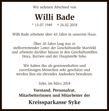 Traueranzeige von Willi Bade von SYK