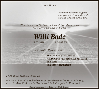 Traueranzeige von Willi Bade von SYK