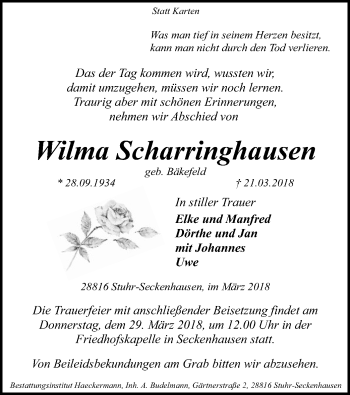 Traueranzeige von Wilma Scharringhausen von SYK