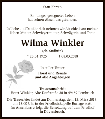 Traueranzeige von Wilma Winkler von SYK