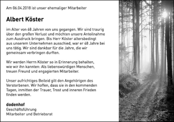 Traueranzeige von Albert Köster von SYK