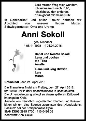 Traueranzeige von Anni Sokoll von SYK