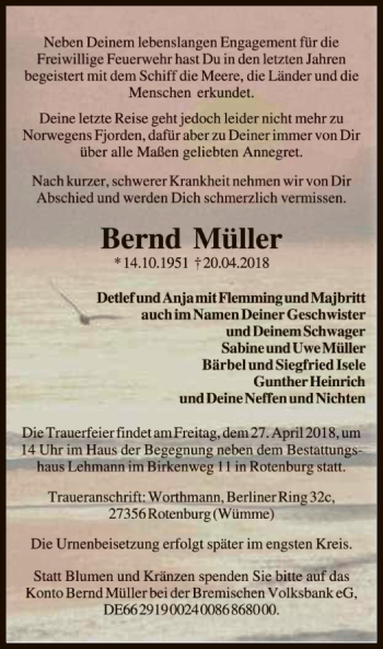 Traueranzeige von Bernd Müller von SYK