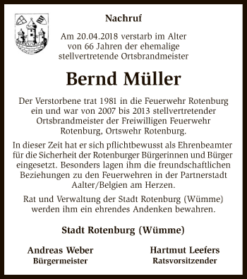 Traueranzeige von Bernd Müller von SYK