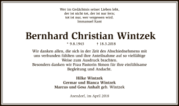 Traueranzeige von Bernhard Christian Wintzek von SYK
