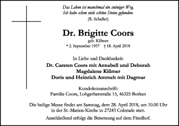 Traueranzeige von Brigitte Coors von SYK