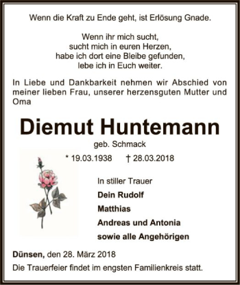 Traueranzeige von Diemut Huntemann von SYK