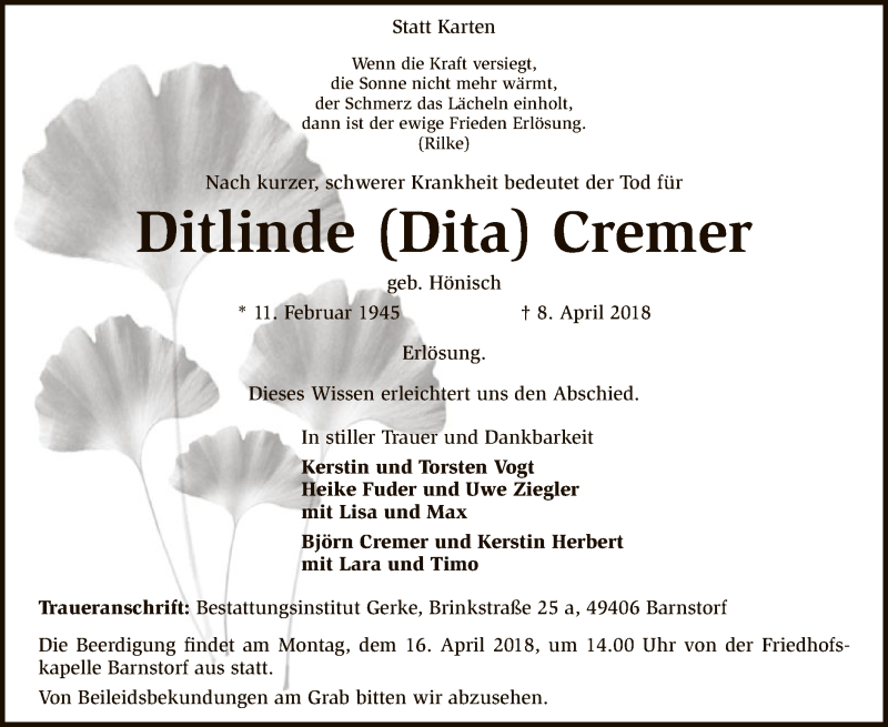  Traueranzeige für Ditlinde Cremer vom 12.04.2018 aus SYK