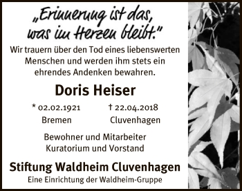 Traueranzeige von Doris Heiser von SYK