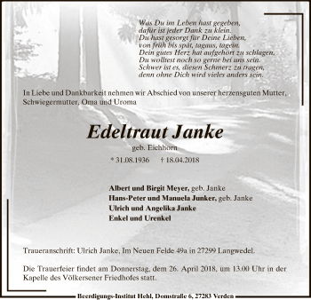 Traueranzeige von Edeltraut Janke von SYK