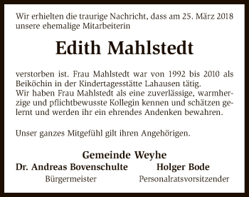 Traueranzeige von Edith Mahlstedt von SYK