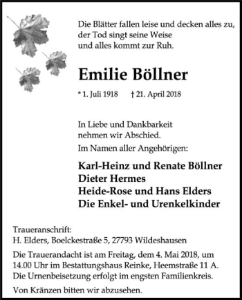 Traueranzeige von Emilie Böllner von SYK