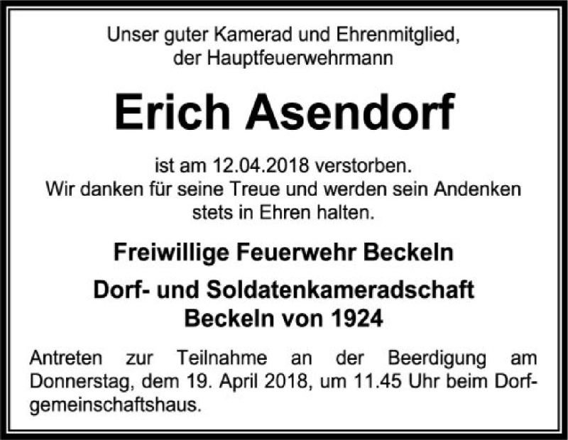  Traueranzeige für Erich Asendorf vom 14.04.2018 aus SYK