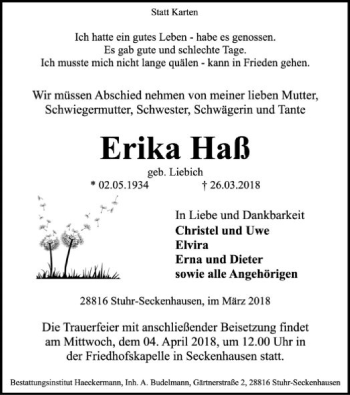 Traueranzeige von Erika Haß von SYK