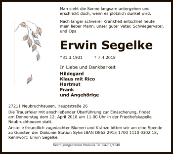 Traueranzeige von Erwin Segelke von SYK