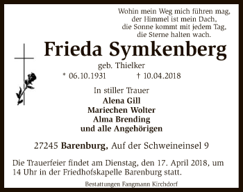 Traueranzeige von Frieda Symkenberg von SYK