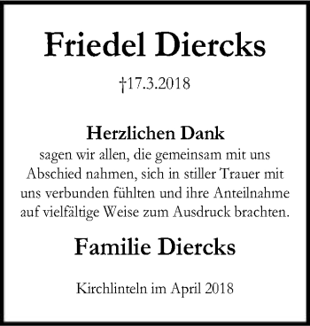 Traueranzeige von Friedel Diercks von SYK