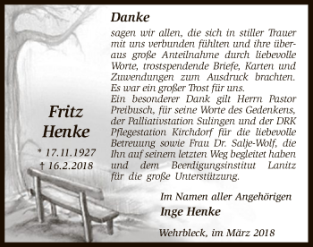 Traueranzeige von Fritz Henke von SYK