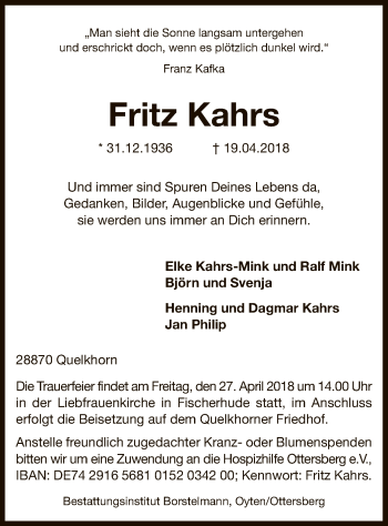 Traueranzeige von Fritz Kahrs von SYK