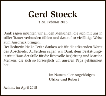 Traueranzeige von Gerd Stoeck von SYK