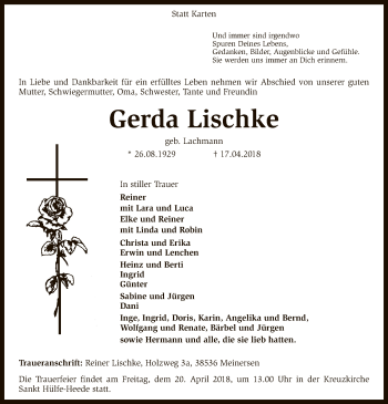 Traueranzeige von Gerda Lischke von SYK