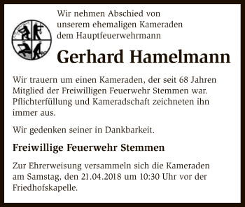 Traueranzeige von Gerhard Hamelmann von SYK