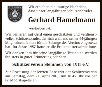 Traueranzeige von Gerhard Hamelmann von SYK