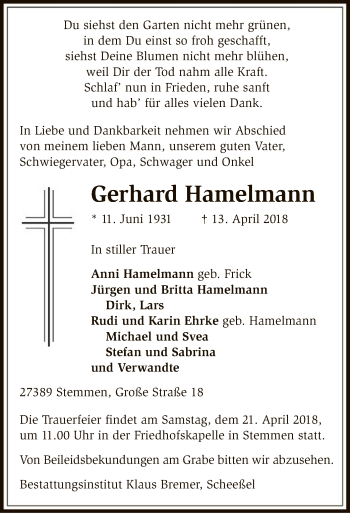 Traueranzeige von Gerhard Hamelmann von SYK