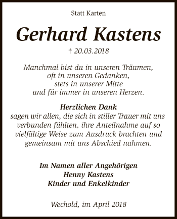 Traueranzeige von Gerhard Kastens von SYK