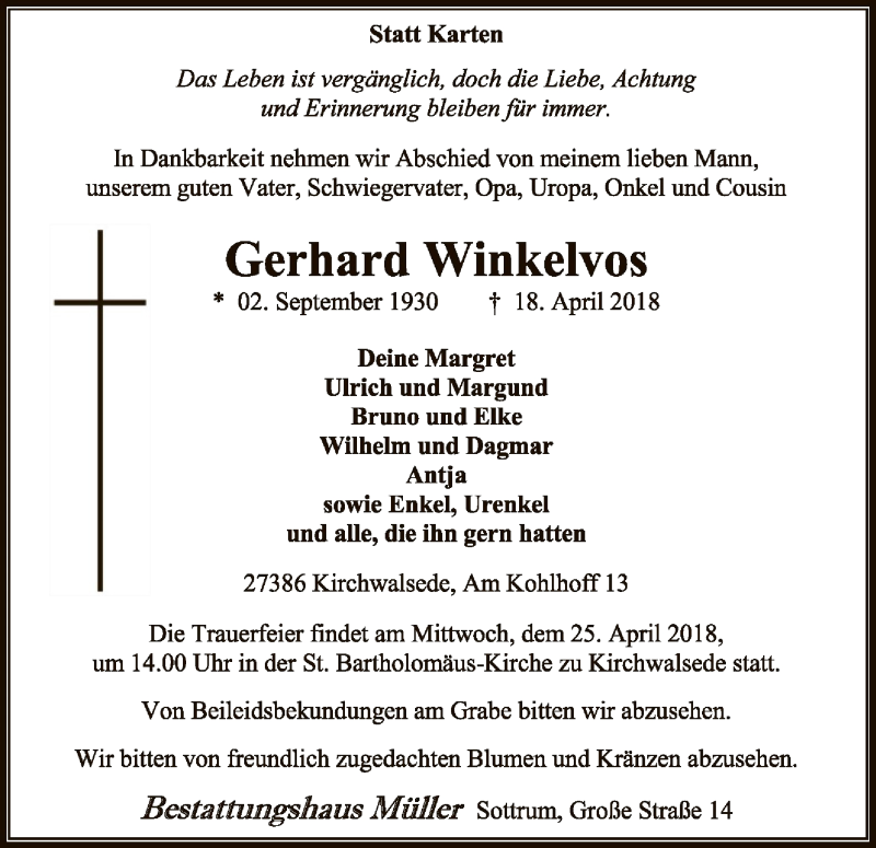  Traueranzeige für Gerhard Winkelvos vom 21.04.2018 aus SYK