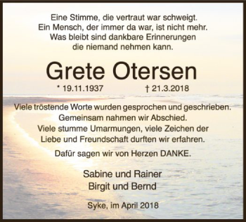 Traueranzeige von Grete Otersen von SYK