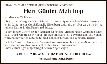Traueranzeige von Günter Mehlhop von SYK