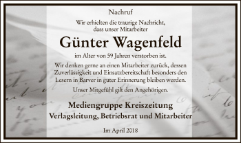 Traueranzeige von Günter Wagenfeld von SYK