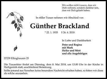 Traueranzeige von Günther Brackland von SYK