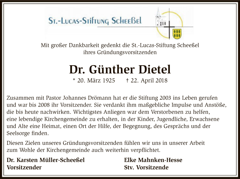  Traueranzeige für Günther Dietel vom 25.04.2018 aus SYK